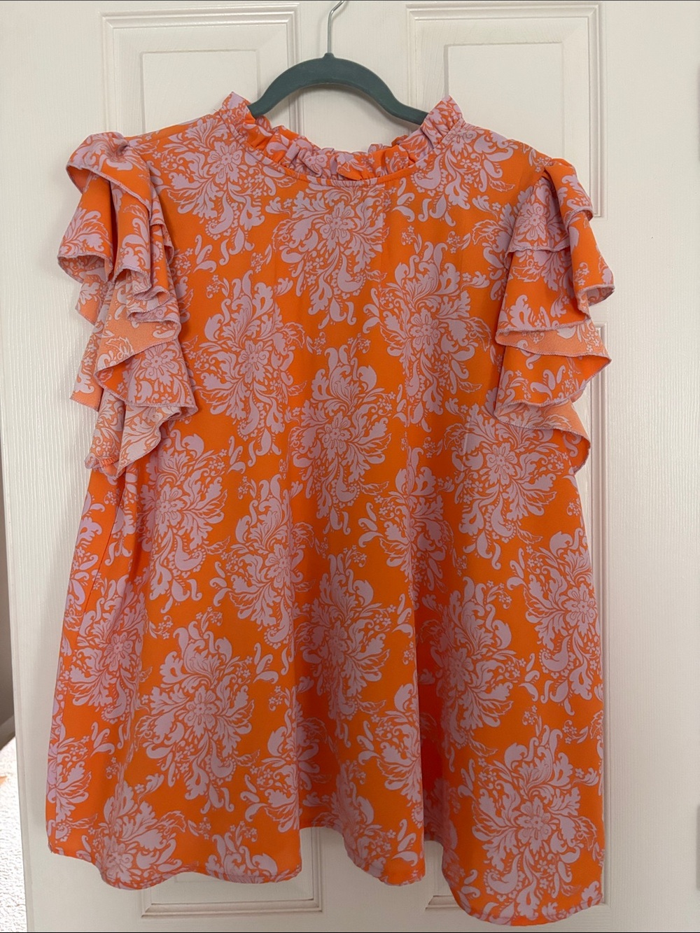 Women's Orange Floral Ruffle Sleeve Blouse